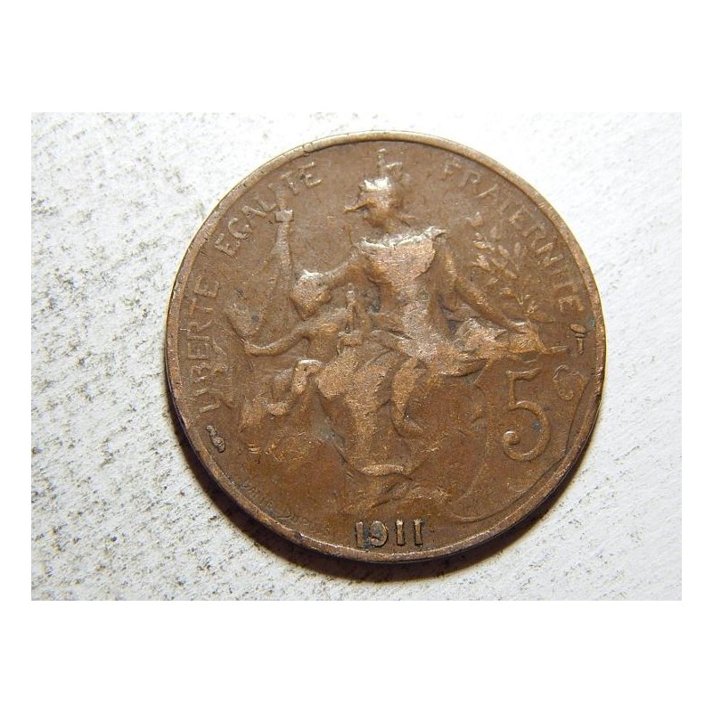 Francie 5 Centimes 1911 F-VF č37624 Francie 5 Centimes 1911 F-VF č37624