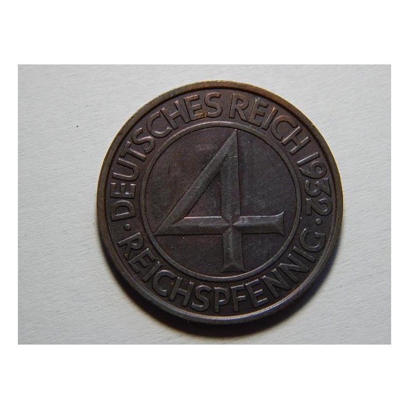 Německo Výmarsko 4 Reichspfennig 1932 A UNC č23999 Německo Výmarsko 4 Reichspfennig 1932 A UNC č23999
