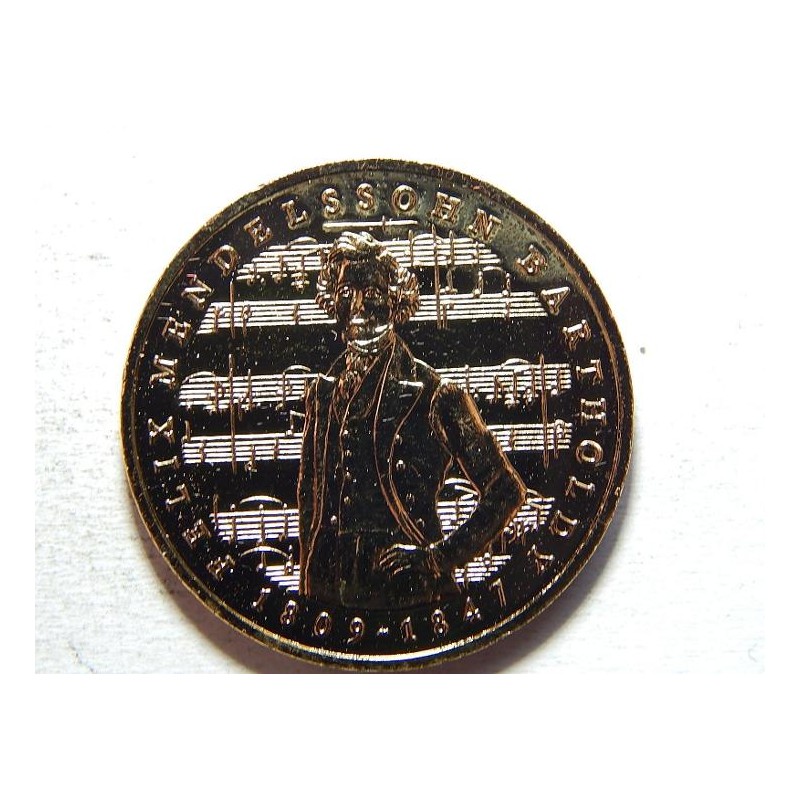 Německo BRD pozlacená 5 Mark 1984 J Felix Mendel. Bartholdy UNC č25597 Německo BRD pozlacená 5 Mark 1984 J Felix Mendel. Bartholdy UNC č25597