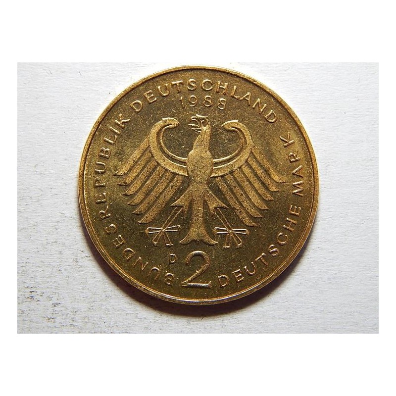 Německo BRD pozlacená 2 Mark 1988 D XF-UNC č25563 Německo BRD pozlacená 2 Mark 1988 D XF-UNC č25563