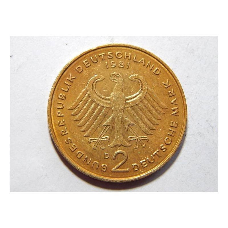 Německo BRD pozlacená 2 Mark 1981 D XF č23139 Německo BRD pozlacená 2 Mark 1981 D XF č23139