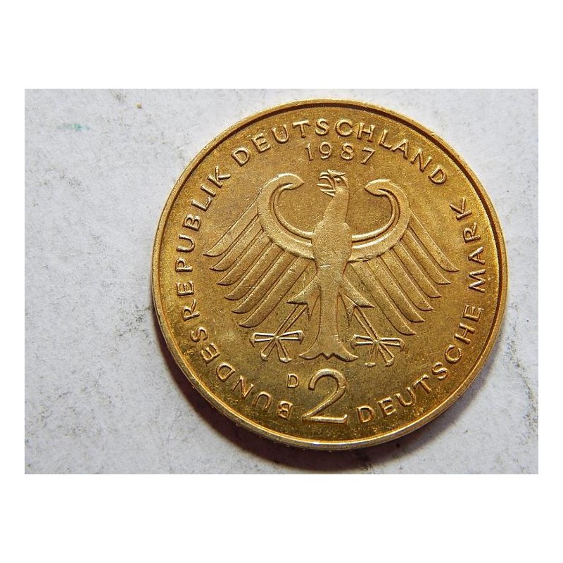 Německo BRD pozlacená 2 Mark 1987 D UNC č23037 Německo BRD pozlacená 2 Mark 1987 D UNC č23037