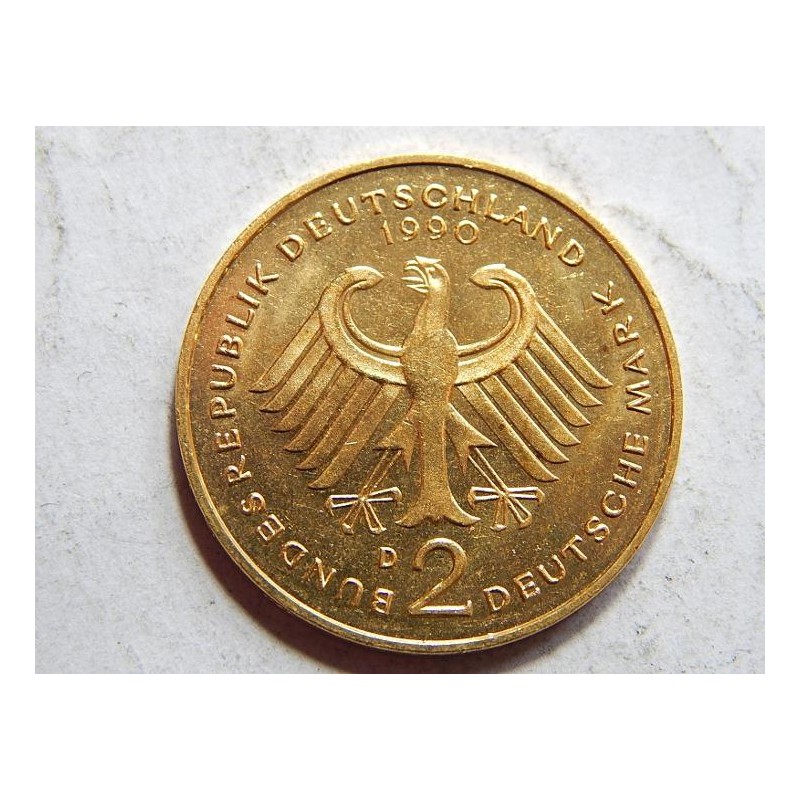 Německo BRD pozlacená 2 Mark 1990 D XF-UNC č23025 Německo BRD pozlacená 2 Mark 1990 D XF-UNC č23025