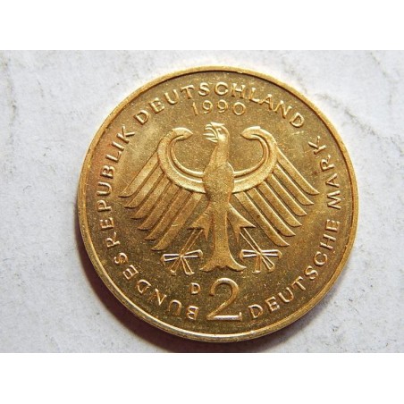 Německo BRD pozlacená 2 Mark 1990 D XF-UNC č23025 