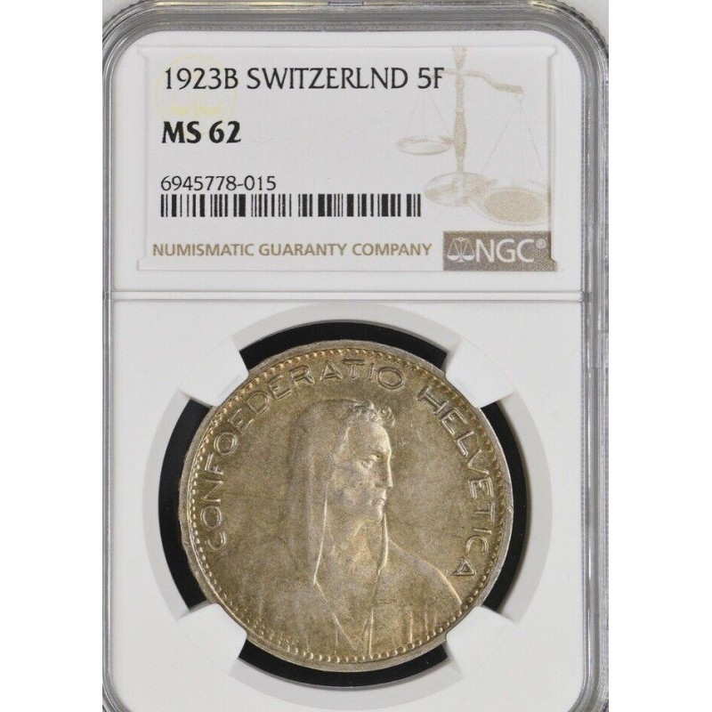 Švýcarsko 5 Francs 1923 Ag NGC MS62 čŠU002 Švýcarsko 5 Francs 1923 Ag NGC MS62 čŠU002