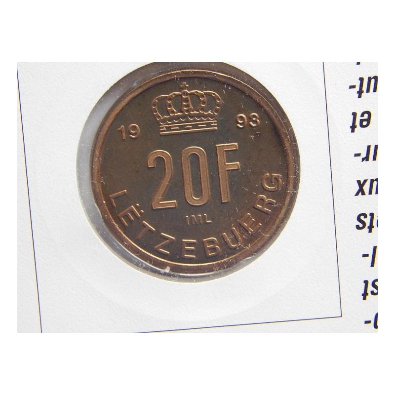 Luxembourg 20 Francs 1993 RRR PROOF v minc. dopise BU čALB01 Luxembourg 20 Francs 1993 RRR PROOF v minc. dopise BU čALB01