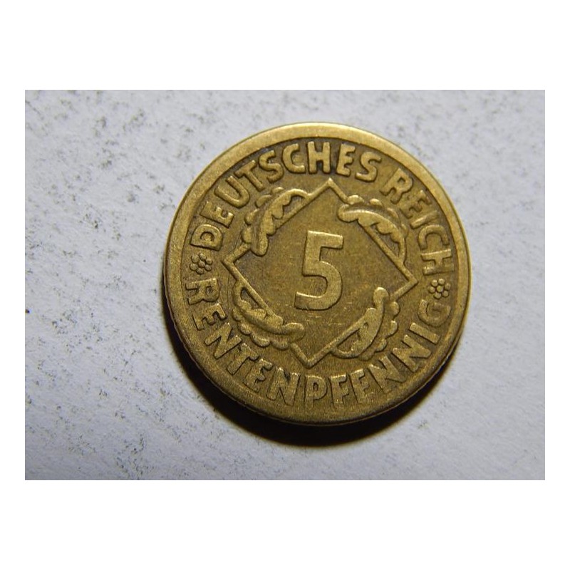 Německo Výmarsko 5 Rentenpfennig 1924F XF č30262 Německo Výmarsko 5 Rentenpfennig 1924F XF č30262