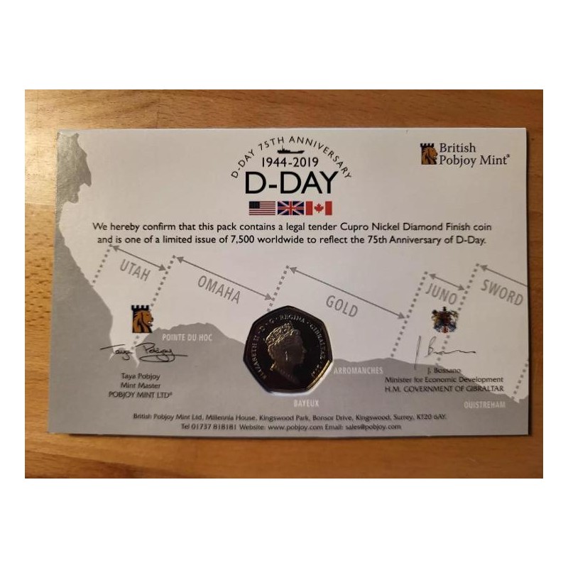 Gibraltar 50 Pence 2019 D-Day RRRR barevná 7,500 Ex ve folderu čALB Gibraltar 50 Pence 2019 D-Day RRRR barevná 7,500 Ex ve folderu čALB
