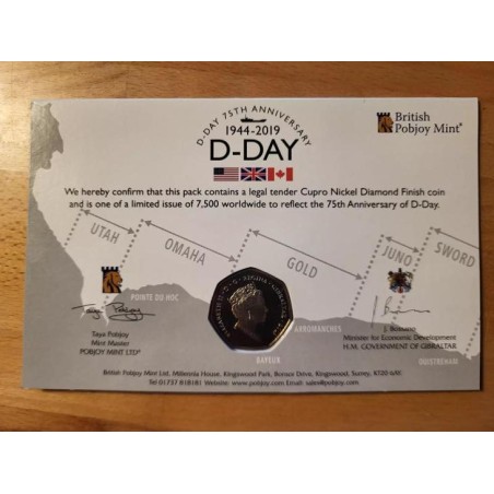 Gibraltar 50 Pence 2019 D-Day RRRR barevná 7,500 Ex ve folderu čALB