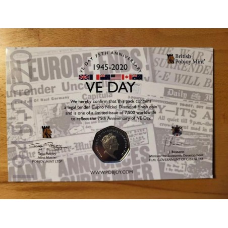 Gibraltar 50 Pence 2020 VE-Day UNC RRRR 7,500 Ex. čALB
