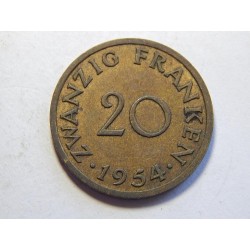 Německo Saarland 20 Franken 1954 XF č30729 