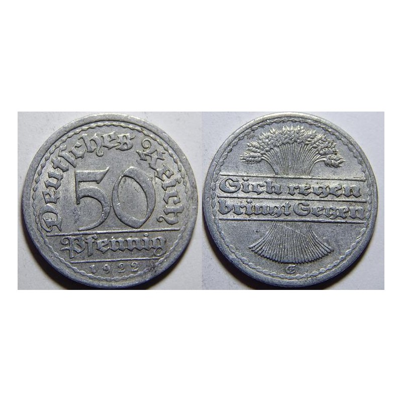 Německo Výmarsko 50 Pfennig 1922E XF č30731 Německo Výmarsko 50 Pfennig 1922E XF č30731