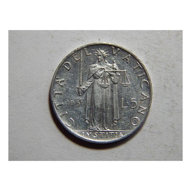 Vatikan 5 Lire 1951 XF-UNC č25688 Vatikan 5 Lire 1951 XF-UNC č25688